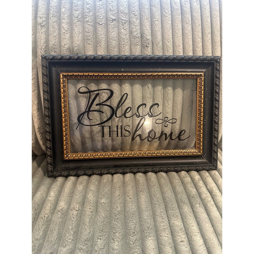 15"x10" glass Bless This Home Lettering‎ frame/pic Black Gold